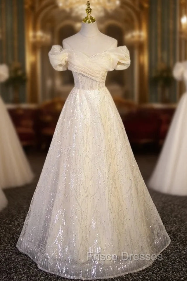 Champagne Tulle Off the Shoulder Sequins Formal Prom Dress