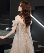 Champagne Tulle One Shoulder Long Prom Dress Tulle Evening Dress