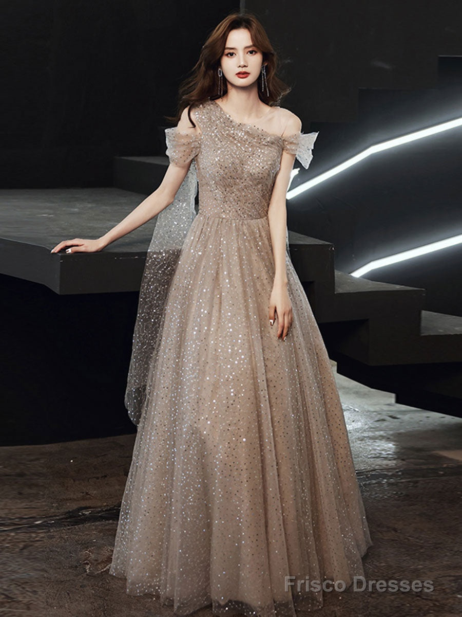 Champagne Tulle One Shoulder Long Prom Dress Tulle Evening Dress Main image