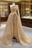 Champagne Tulle One Shoulder Pearls Formal Prom Dress