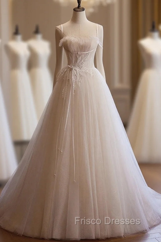 Champagne Tulle Pleats Spaghetti Straps Wedding Dress Main image