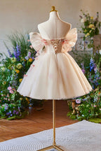 Champagne Tulle Print Knee Length Formal Prom Dress, Lovely Off the Shoulder Backless Party Dress