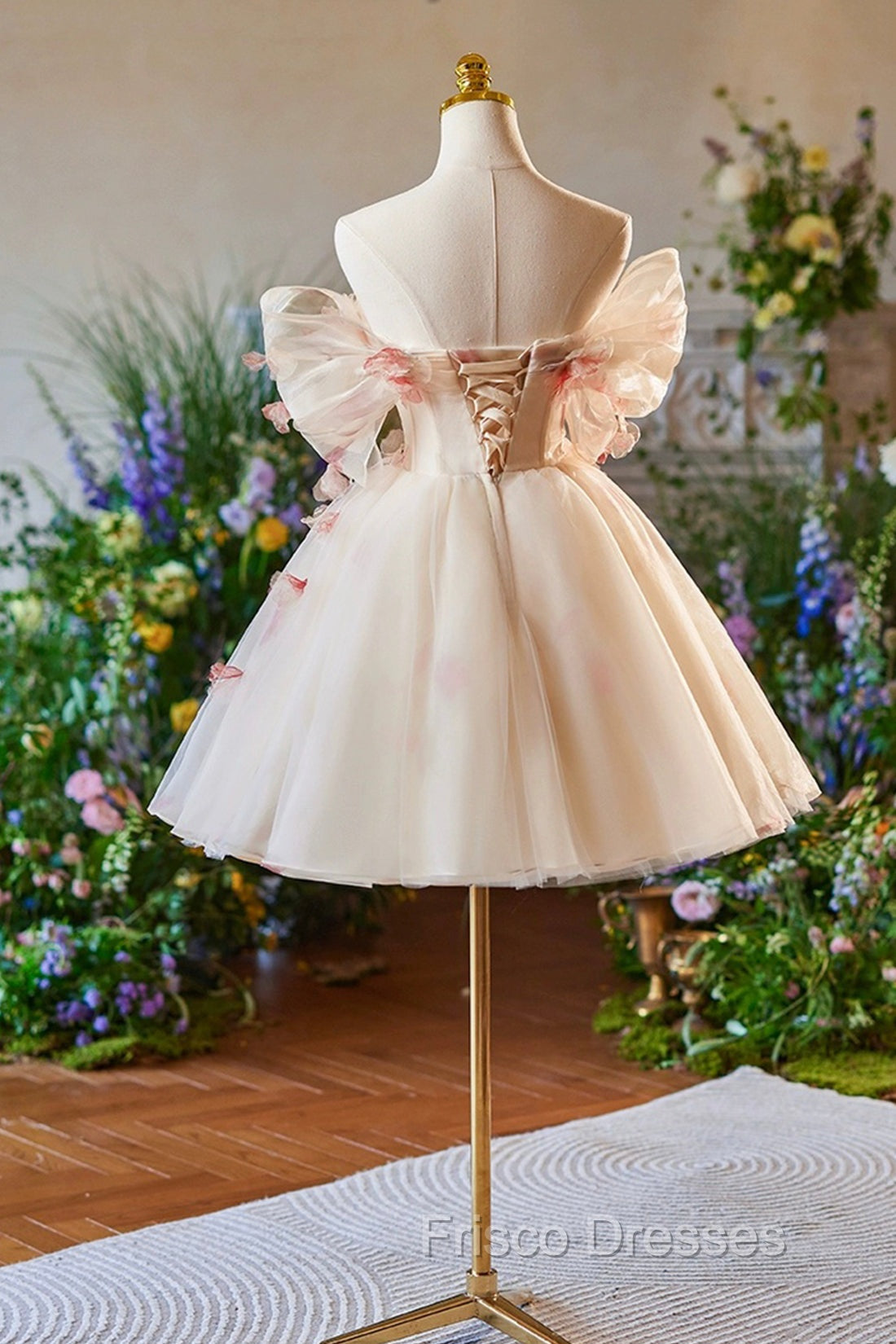 Champagne Tulle Print Knee Length Formal Prom Dress, Lovely Off the Shoulder Backless Party Dress