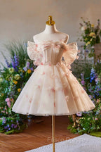 Champagne Tulle Print Knee Length Formal Prom Dress, Lovely Off the Shoulder Backless Party Dress