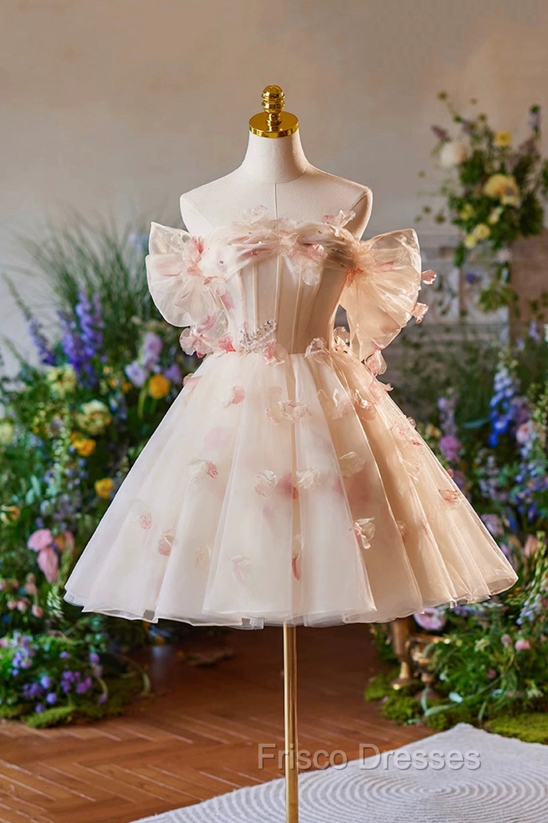 Champagne Tulle Print Knee Length Formal Prom Dress, Lovely Off the Shoulder Backless Party Dress