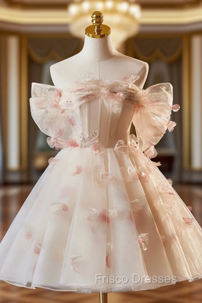 Champagne Tulle Print Knee Length Formal Prom Dress, Lovely Off the Shoulder Backless Party Dress Main image