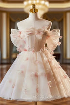 Champagne Tulle Print Knee Length Formal Prom Dress, Lovely Off the Shoulder Backless Party Dress