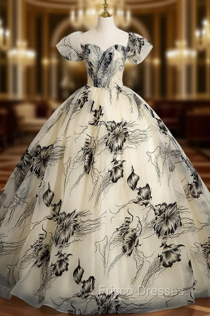 Champagne Tulle Print Off the Shoulder Quinceanera Dress Main image