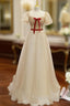 Champagne Tulle Puff Sleeve Formal Prom Dress With Red Bow