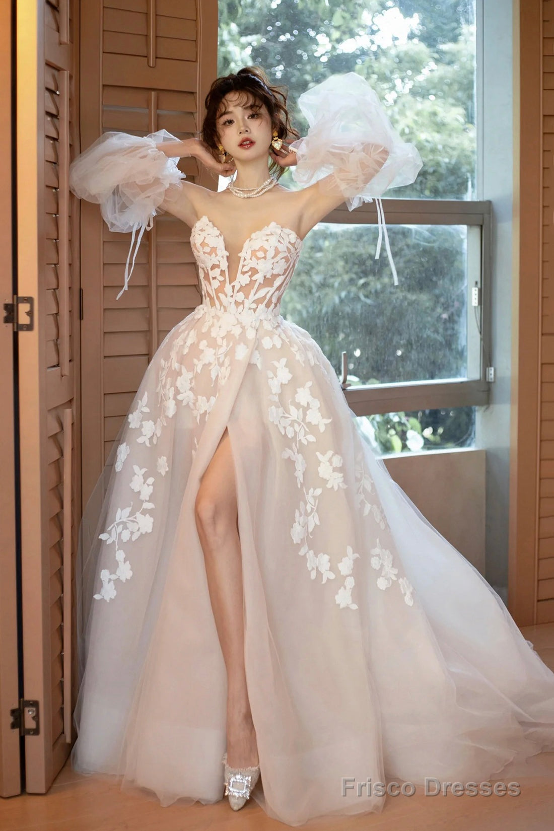 Champagne Tulle Puffy Sleeves Long Party Dress, Beautiful Lace Evening Dress Main image