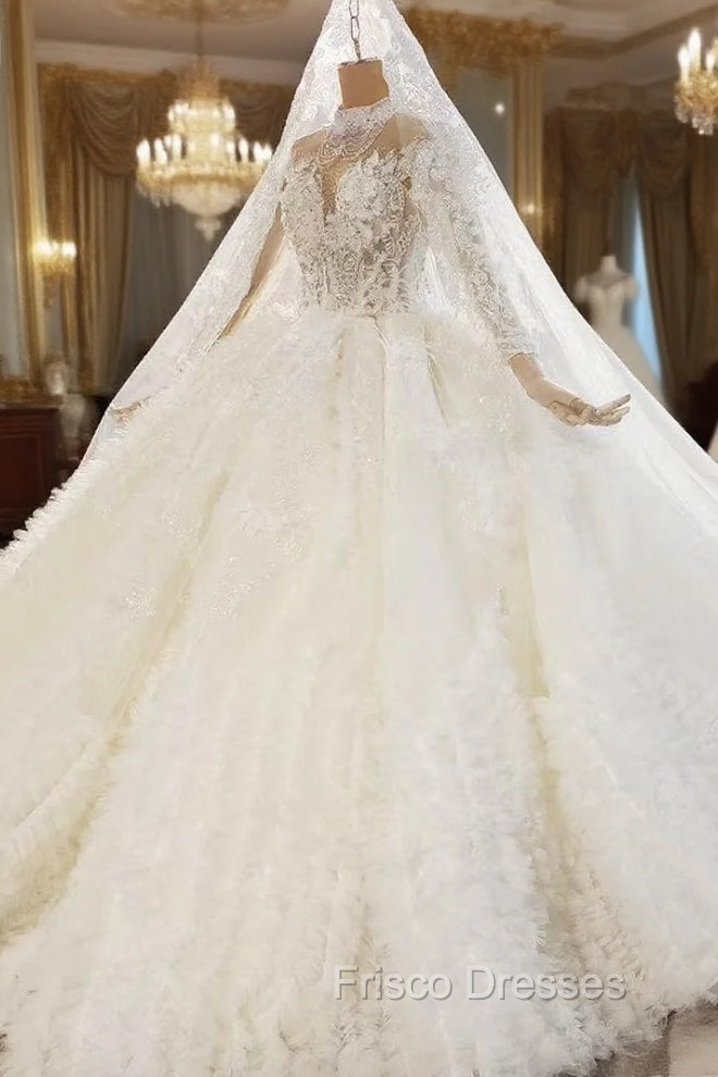 Champagne Tulle Ruffles Long Sleeve High Neck Wedding Dress Main image
