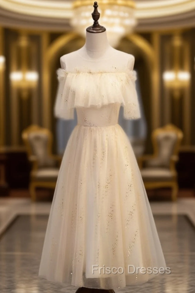 Champagne Tulle Scoop Sequins Tea Length Formal Prom Dress Main image