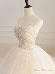 Champagne Tulle Sequin Beads Long Prom Dress, Champagne Evening Dress