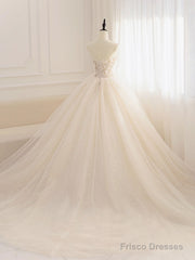Champagne Tulle Sequin Beads Long Prom Dress, Champagne Evening Dress