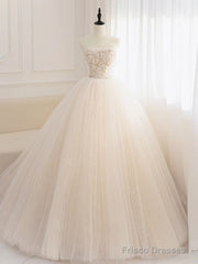 Champagne Tulle Sequin Beads Long Prom Dress, Champagne Evening Dress
