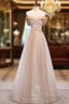 Champagne Tulle Sequins Beading Off the Shoulder Formal Prom Dress