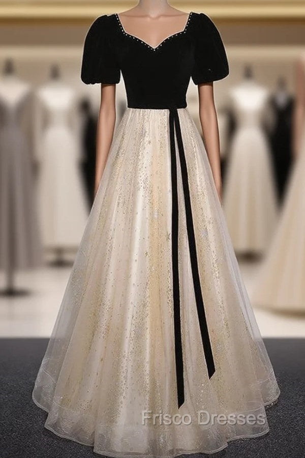 Champagne Tulle Sequins Black Velvet Short Sleeve Formal Prom Dres
