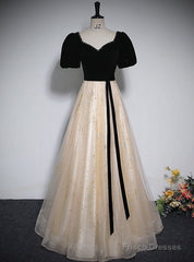 Champagne Tulle Sequins Black Velvet Short Sleeve Prom Dres