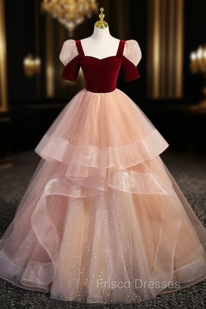 Champagne Tulle Sequins Burgundy Velvet Short Sleeve Formal Prom Dress