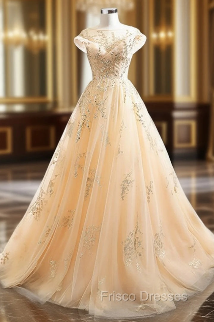 Champagne Tulle Sequins Cap Sleeve Open Back Formal Prom Dress Main image