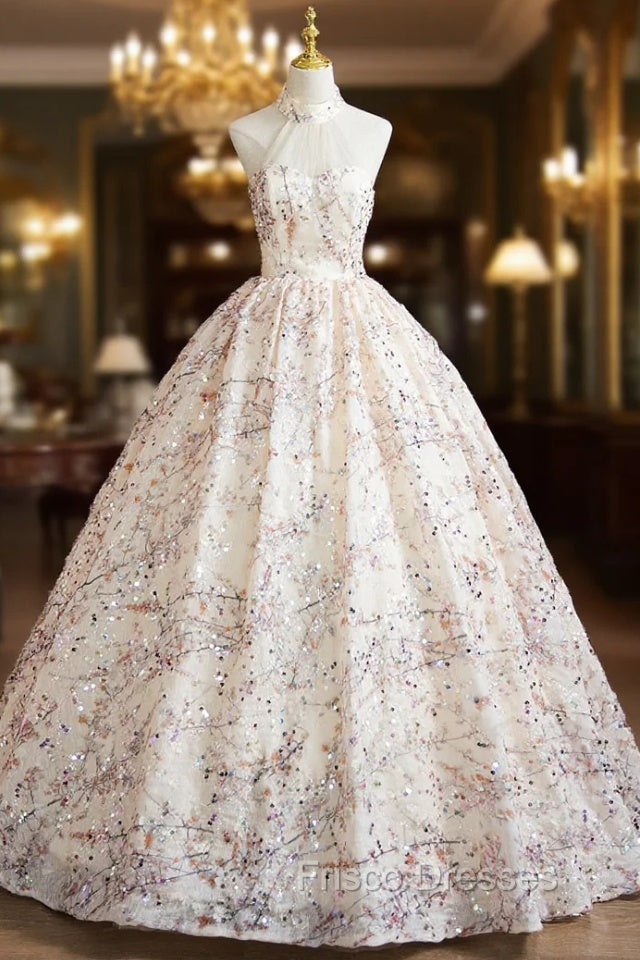 Champagne Tulle Sequins Halter Quinceanera Dress Main image