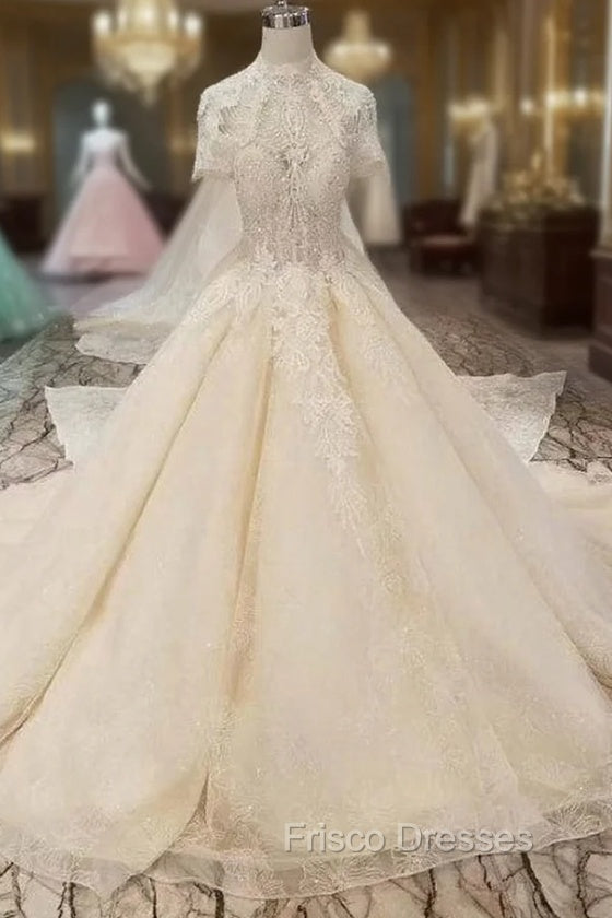 Champagne Tulle Sequins High Neck Cap Sleeve Luxury Wedding Dress With Removable Train Main image