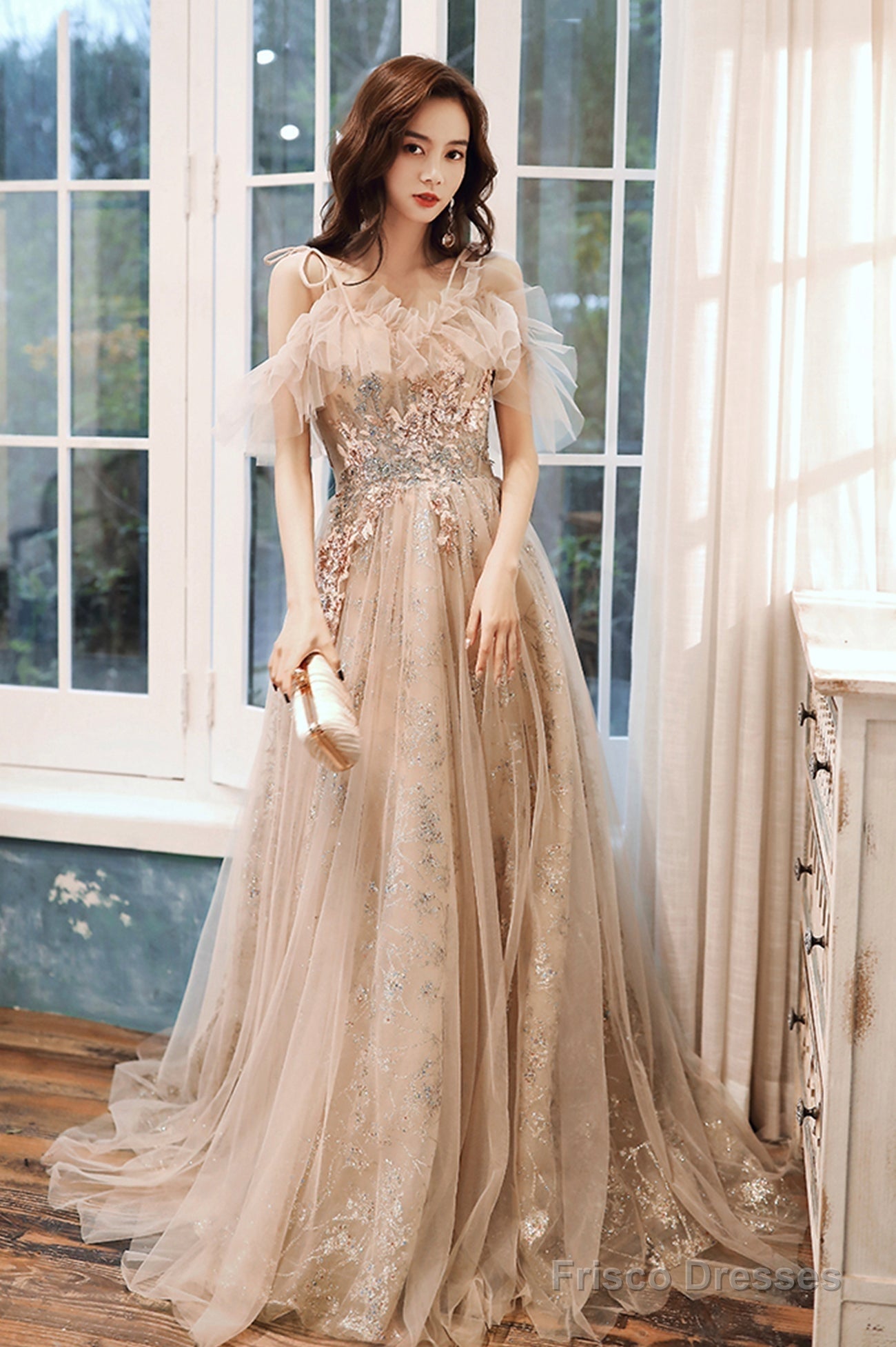 Champagne Tulle Sequins Long Formal Party Dresses, Off The Shoulder Prom Dresses Secondary image