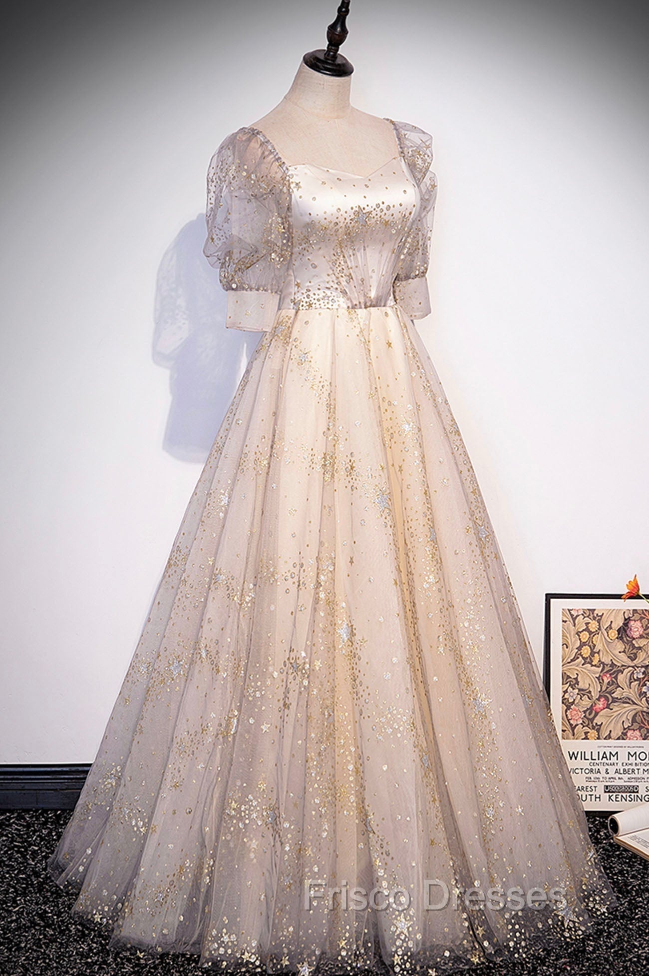 Champagne Tulle Sequins Long Formal Prom Dress, Cute 1/2 Sleeve Party Dress Secondary image