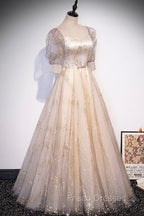 Champagne Tulle Sequins Long Formal Prom Dress, Cute 1/2 Sleeve Party Dress