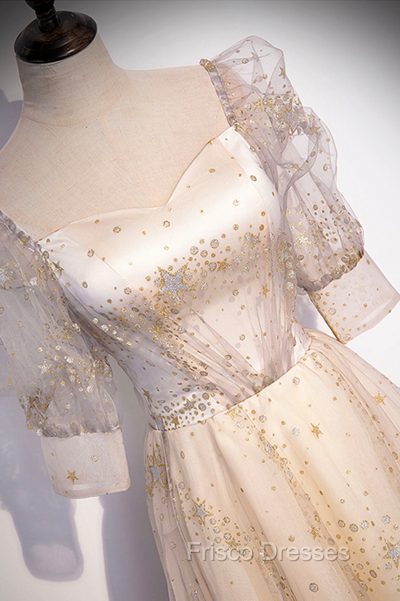 Champagne Tulle Sequins Long Formal Prom Dress, Cute 1/2 Sleeve Party Dress