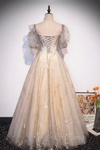 Champagne Tulle Sequins Long Formal Prom Dress, Cute 1/2 Sleeve Party Dress