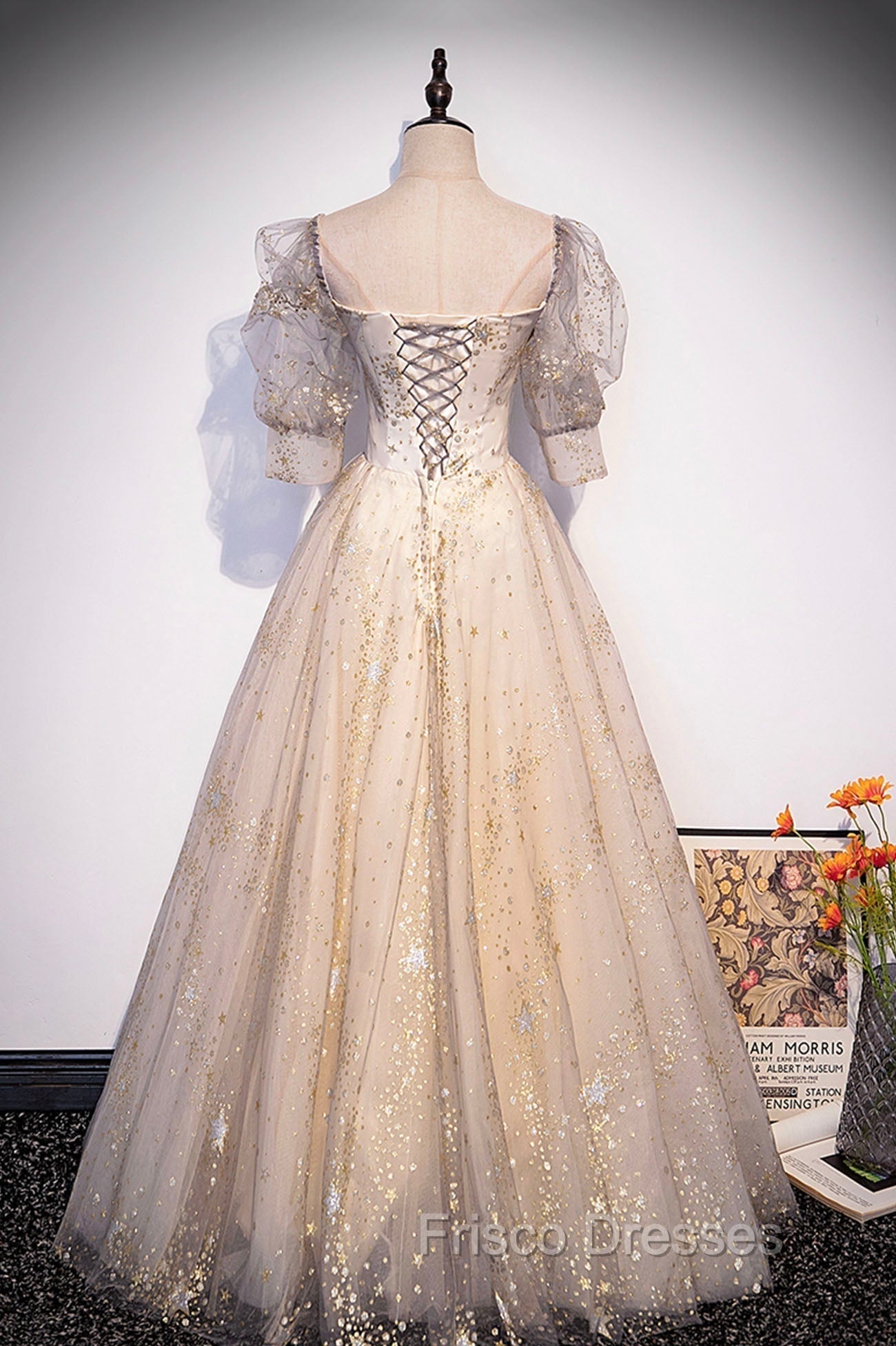 Champagne Tulle Sequins Long Formal Prom Dress, Cute 1/2 Sleeve Party Dress