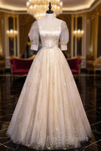 Champagne Tulle Sequins Long Formal Prom Dress, Cute 1/2 Sleeve Party Dress