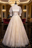 Champagne Tulle Sequins Long Formal Prom Dress, Cute 1/2 Sleeve Party Dress