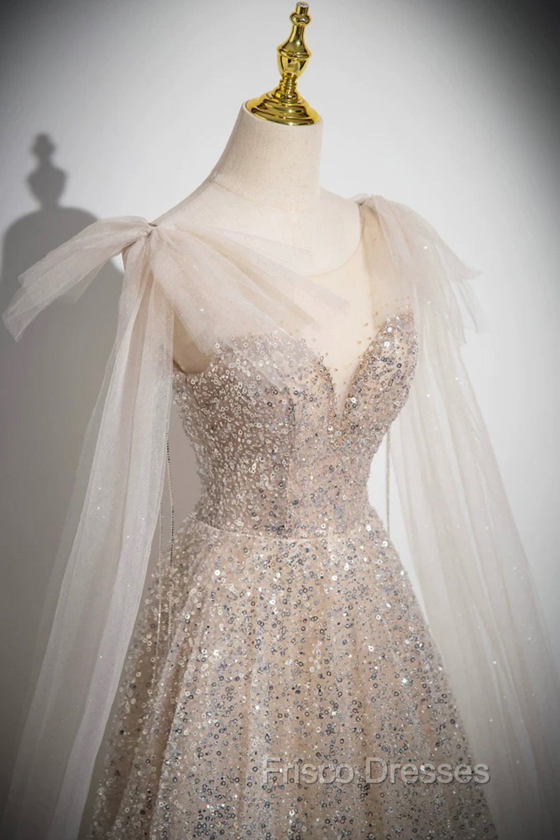 Champagne Tulle Sequins Long Formal Prom Dress, Shiny A-Line Party Dress Secondary image