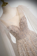 Champagne Tulle Sequins Long Formal Prom Dress, Shiny A-Line Party Dress