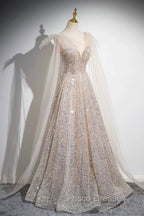 Champagne Tulle Sequins Long Formal Prom Dress, Shiny A-Line Party Dress
