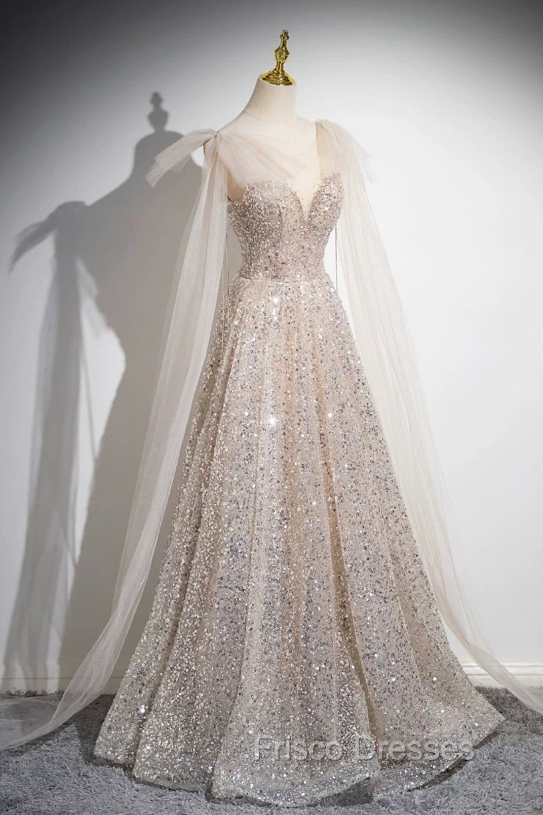 Champagne Tulle Sequins Long Formal Prom Dress, Shiny A-Line Party Dress
