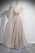 Champagne Tulle Sequins Long Formal Prom Dress, Shiny A-Line Party Dress