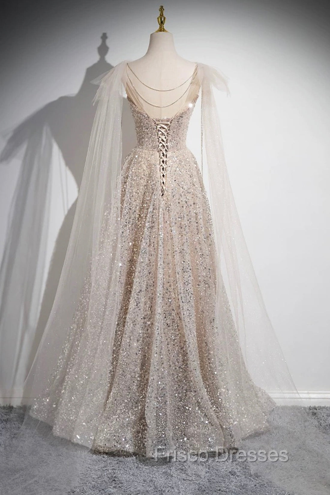 Champagne Tulle Sequins Long Formal Prom Dress, Shiny A-Line Party Dress