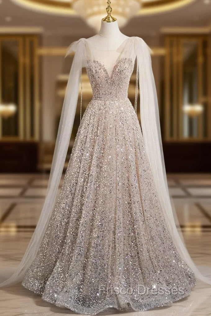 Champagne Tulle Sequins Long Formal Prom Dress, Shiny A-Line Party Dress Main image