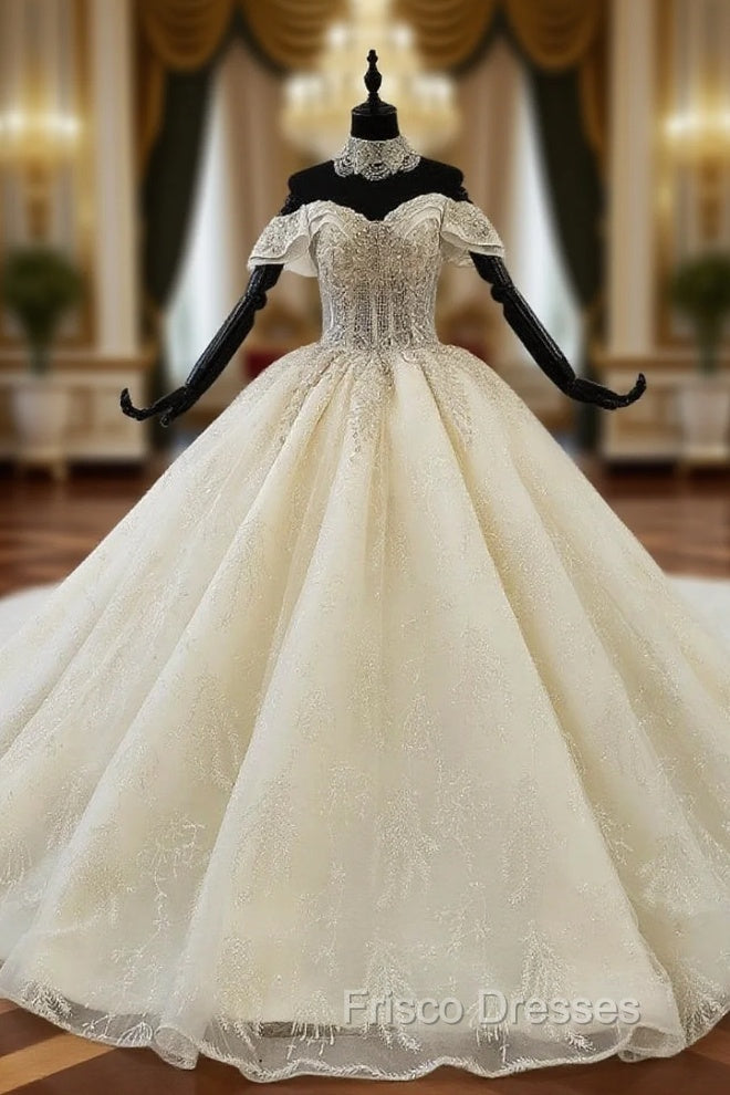 Champagne Tulle Sequins Off the Shoulder Beading Luxury Wedding Dress Main image