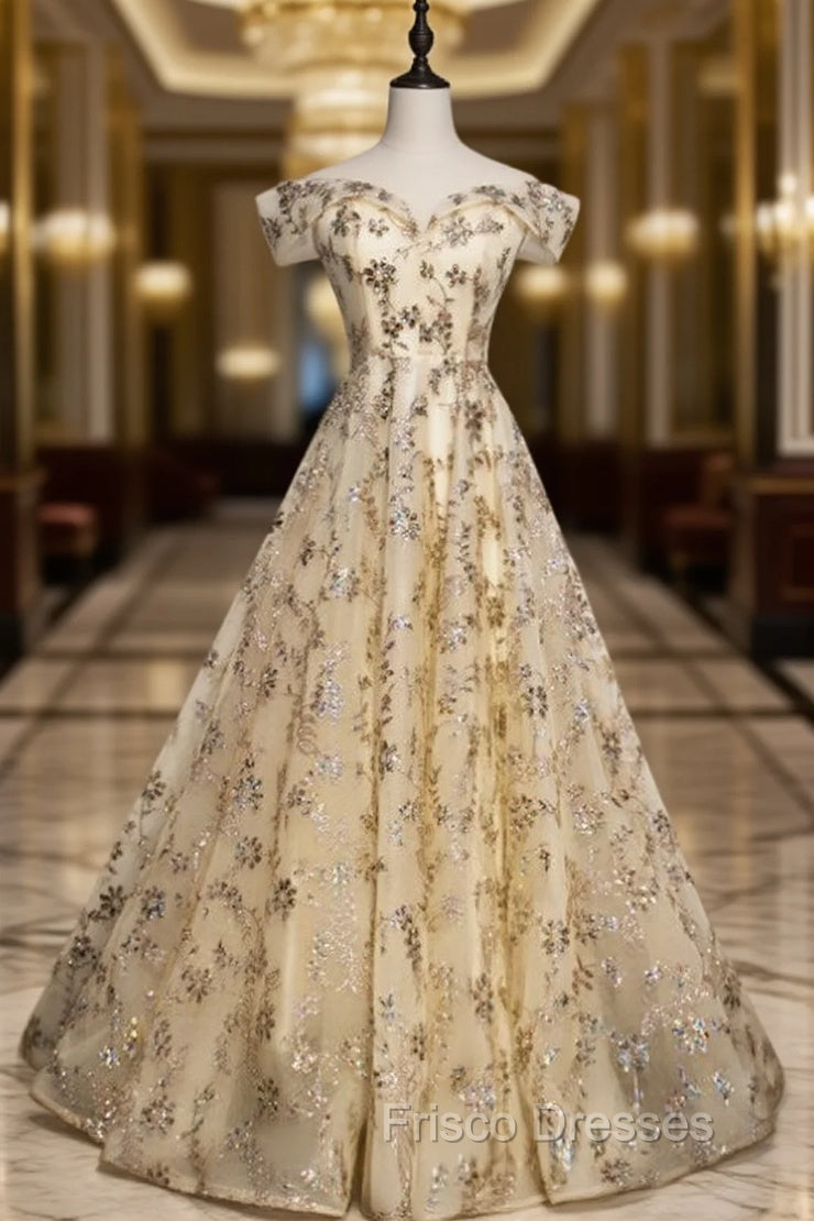 Champagne Tulle Sequins Off the Shoulder Long Formal Prom Dress