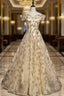 Champagne Tulle Sequins Off the Shoulder Long Formal Prom Dress