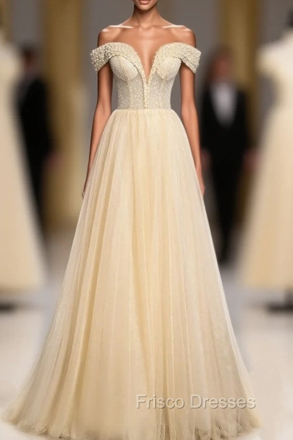 Champagne Tulle Sequins Off the Shoulder Pearls Formal Prom Dress