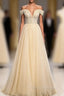 Champagne Tulle Sequins Off the Shoulder Pearls Formal Prom Dress