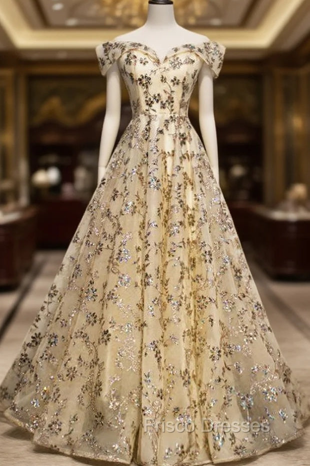 Champagne Tulle Sequins Off the Shoulder Formal Prom Dress Main image