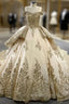 Champagne Tulle Sequins Pearls Off the Shoulder Formal Prom Dress