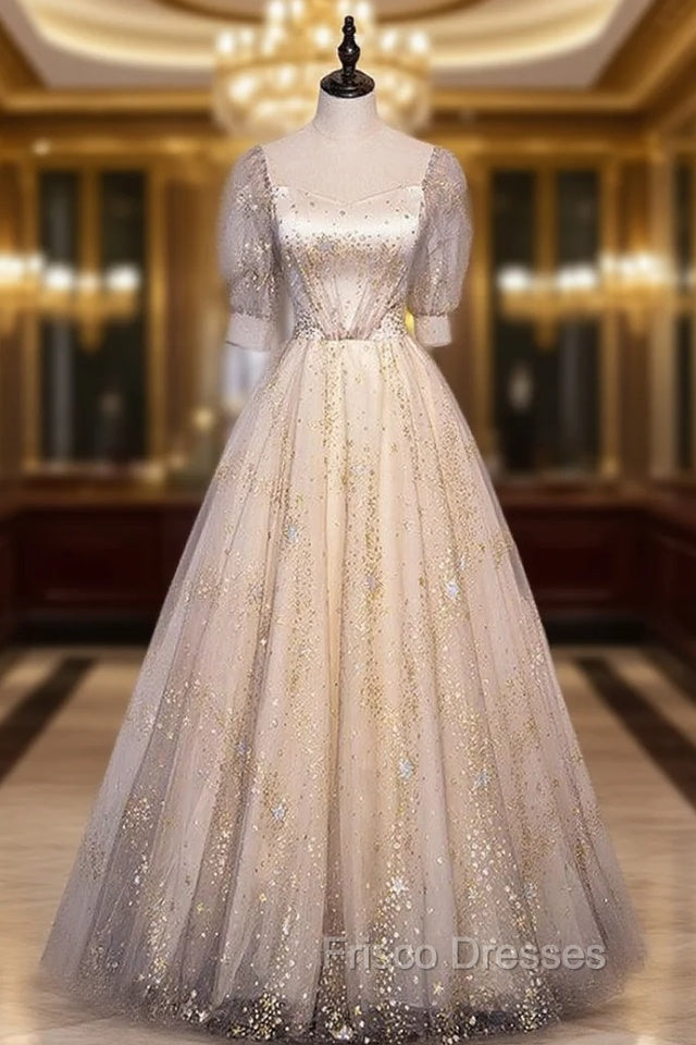 Champagne Tulle Sequins Pleats Short Sleeve Formal Prom Dress Main image
