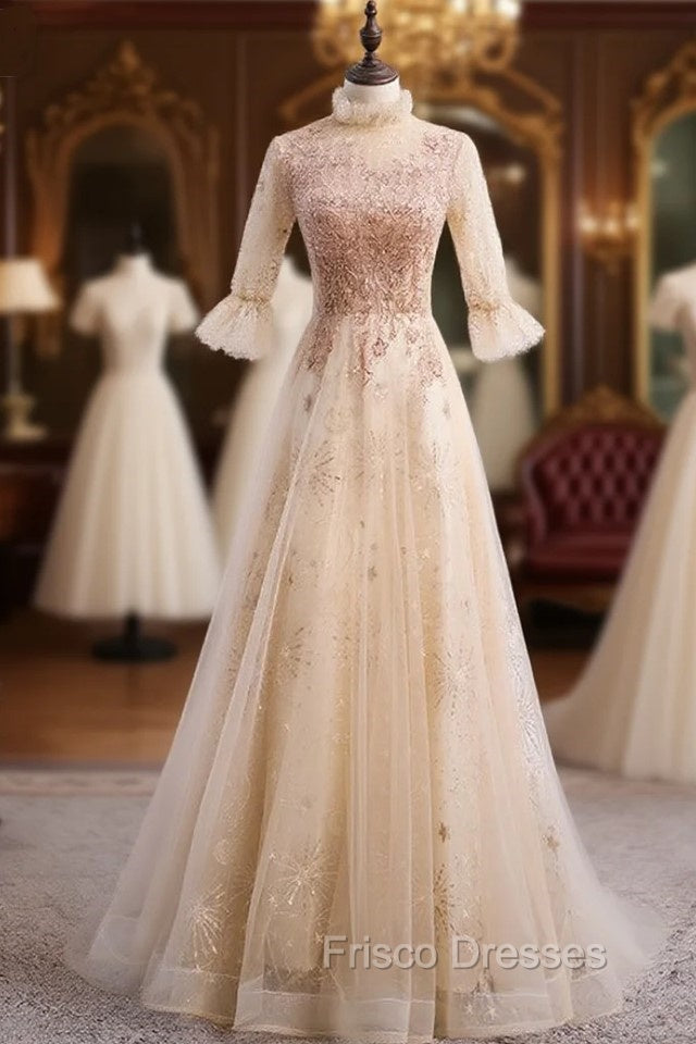 Champagne Tulle Sequins Short Sleeve Beading Formal Prom Dress
